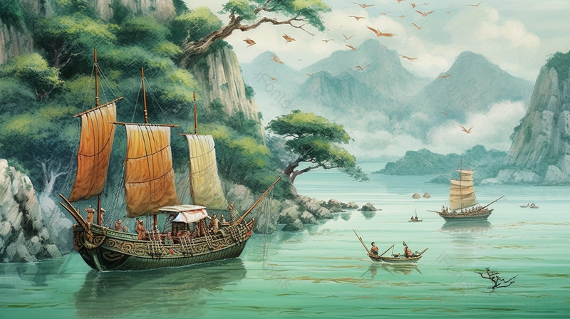 壮丽山河树木船只行驶自然美景,插画/手绘图,插画/手绘图库,插画/手绘图下载,插画/手绘